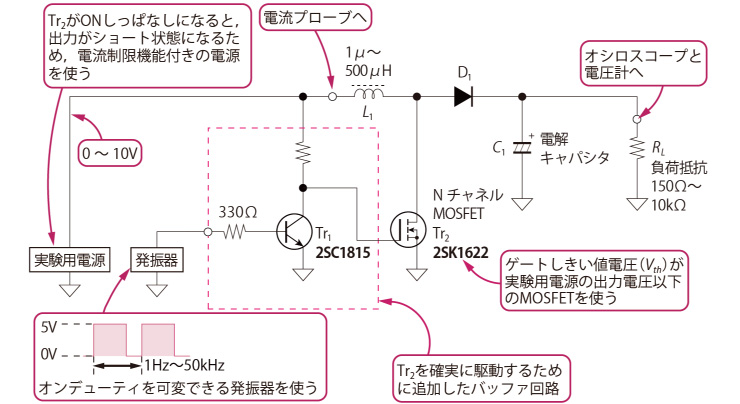 昇圧型DC-DCコンバータの原理回路を製作して動かしてみる