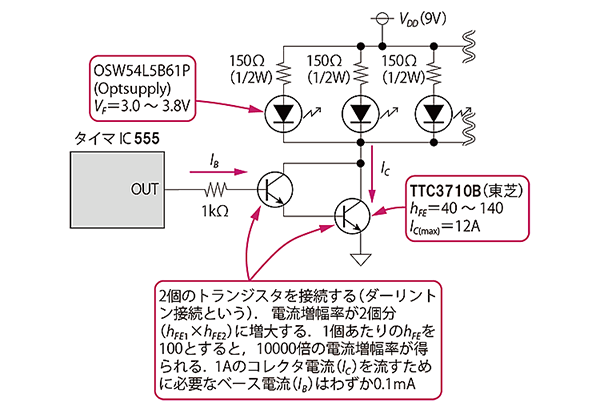 LED電流を増やしたいときは、2個のトランジスタを直列接続した回路でパワー・トランジスタを駆動する