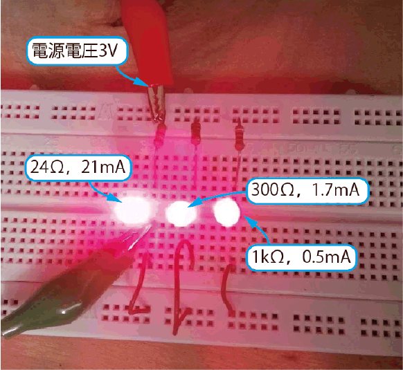 LEDが視認用なら電流制限抵抗は24Ωではなく1kΩのほうがよい